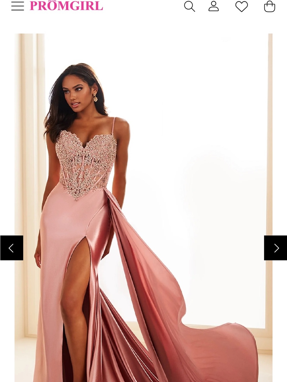 Embroidered Satin Prom Dress in Rose Blush with Detachable Drape